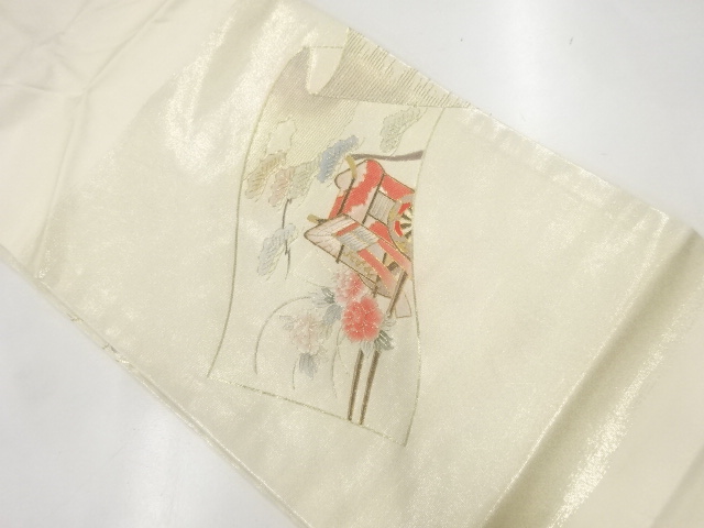 JAPANESE KIMONO / VINTAGE NAGOYA OBI / EMBROIDERY / PEONY & CARRIAGE